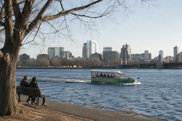 Amphibious duck vehicle rolling into the water