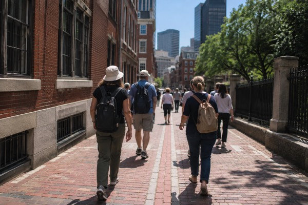 Small group following a guide along the Freedom Trail