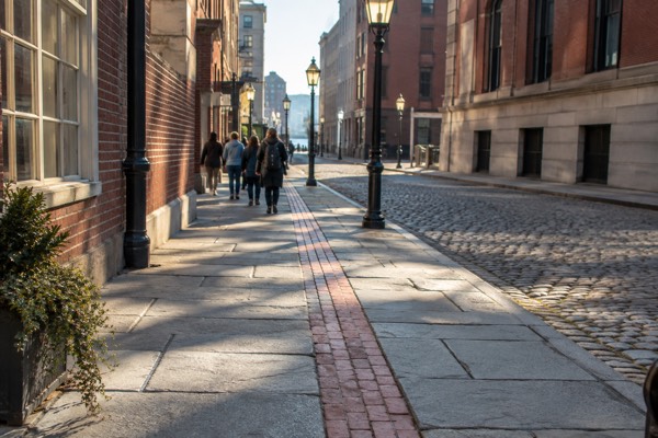 Free walking tour group gathered in downtown Boston