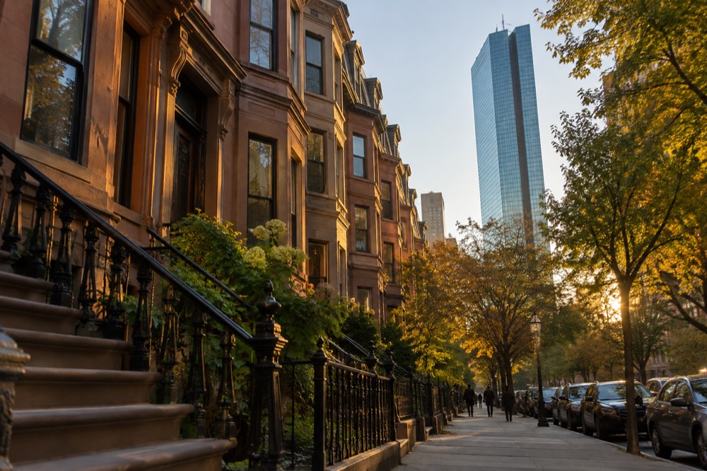 The glass tower at 200 Clarendon Street rising above the Back Bay rooftops of Boston