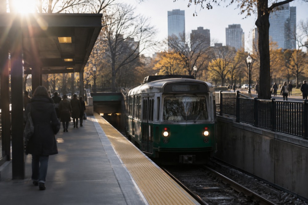 A green MBTA trolley arriving at an underground station platform in Boston