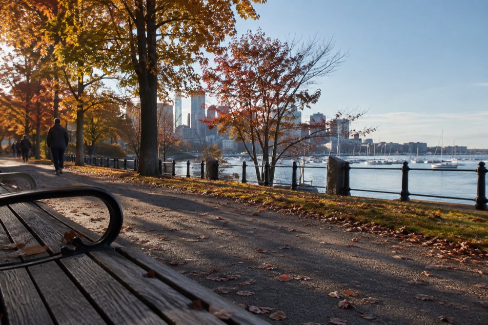 Boston's waterfront on a quiet late autumn day with the harbor in the distance