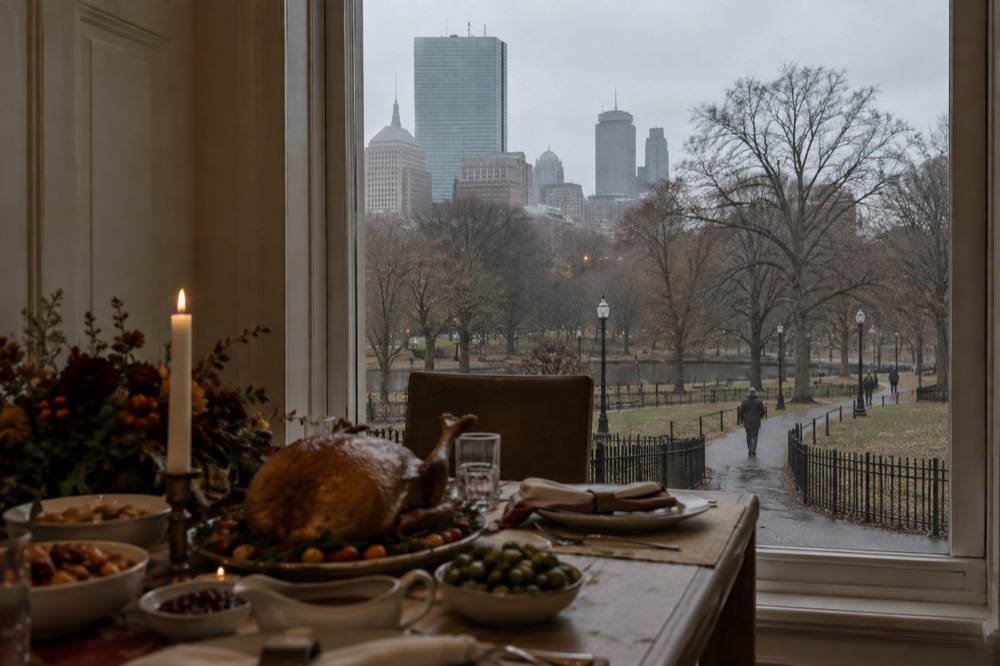 A table set for a holiday meal beside a window overlooking Boston rooftops
