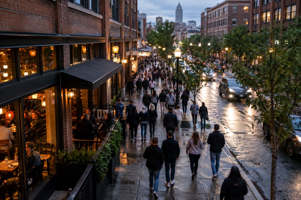 Evening crowds walking past bars and restaurants on a lively street near Fenway Park