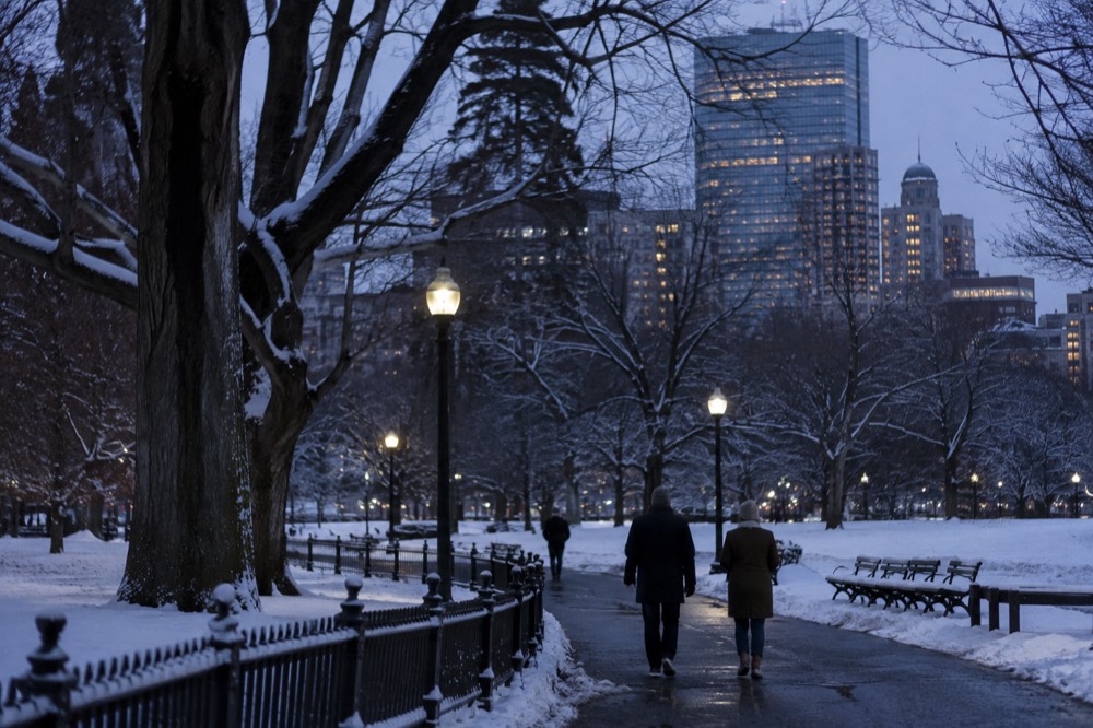 Snow-covered Boston rowhouses on a quiet residential street in winter