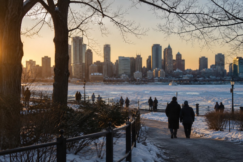 Boston's skyline seen across the frozen harbor on a clear cold day