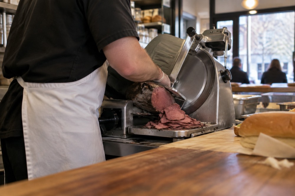 A counter worker slicing rare roast beef on a deli slicer in a small sandwich shop