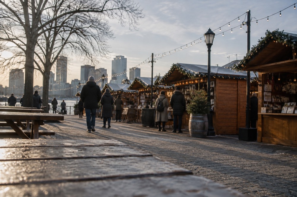 A winter market village of small wooden vendor cabins under strings of lights beside Boston Harbor