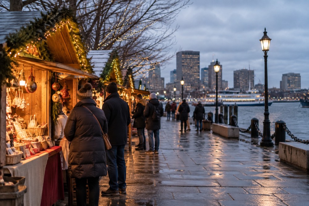 People browsing lit market stalls in a Boston waterfront plaza on a cold evening