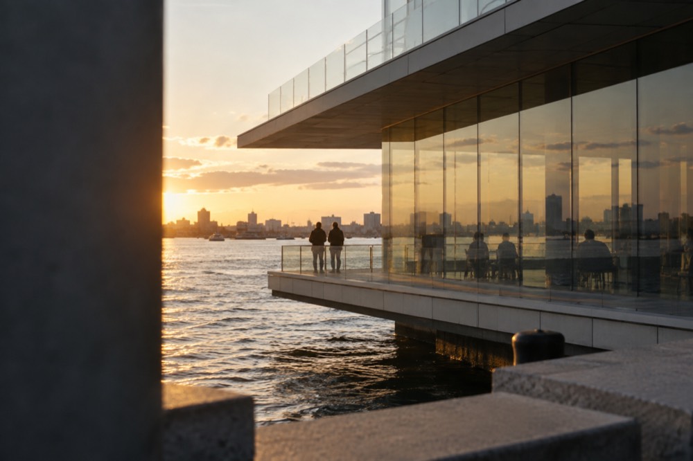 Glass-walled contemporary art museum building on the Boston waterfront
