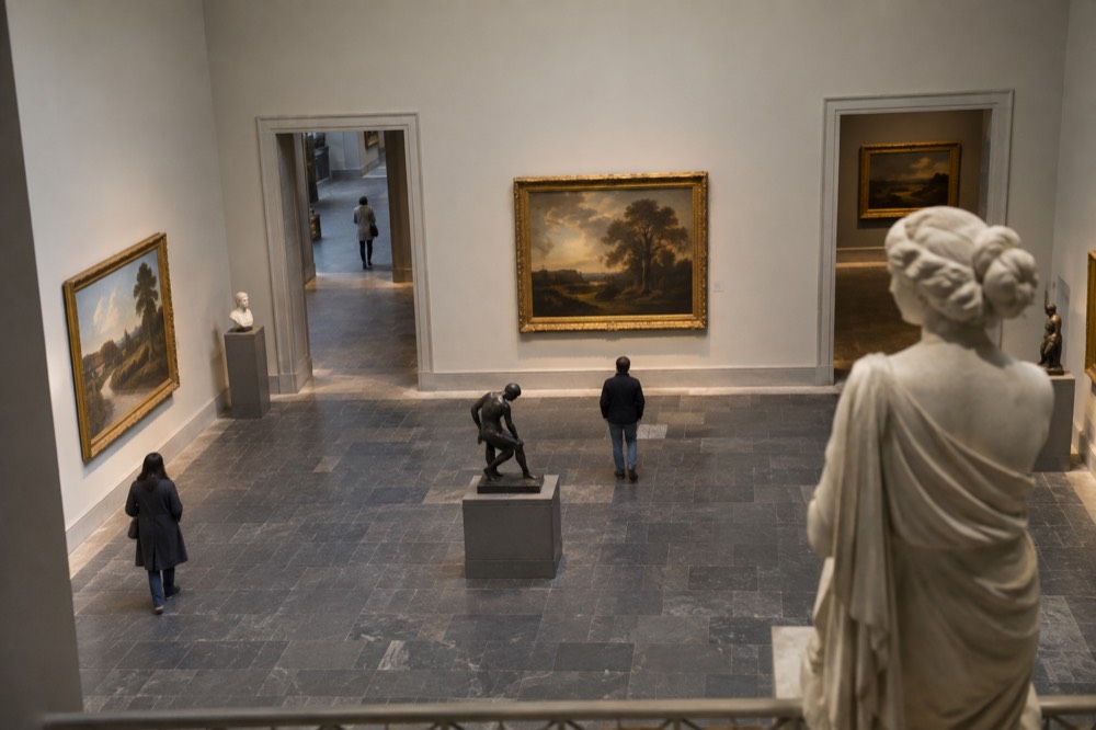 Gallery hall with paintings and sculpture at the Museum of Fine Arts Boston