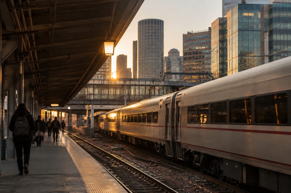 A sleek intercity passenger train waiting at a station platform near downtown towers