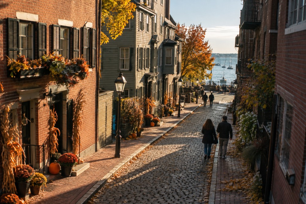 A historic Salem street with colonial-era wooden buildings and autumn decorations