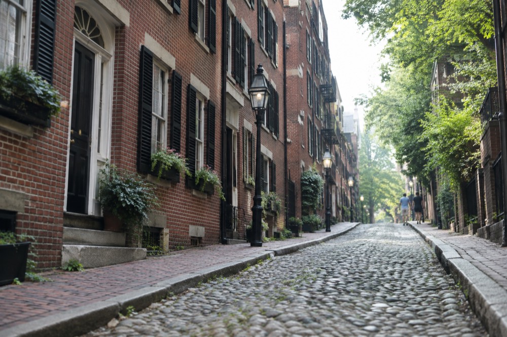 The red brick rowhouses of Beacon Hill along a narrow Boston street