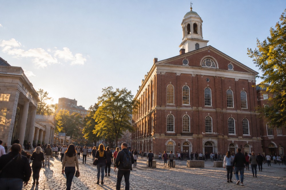 Crowds walking past the red brick columns and cupola of Faneuil Hall marketplace on a sunny afternoon