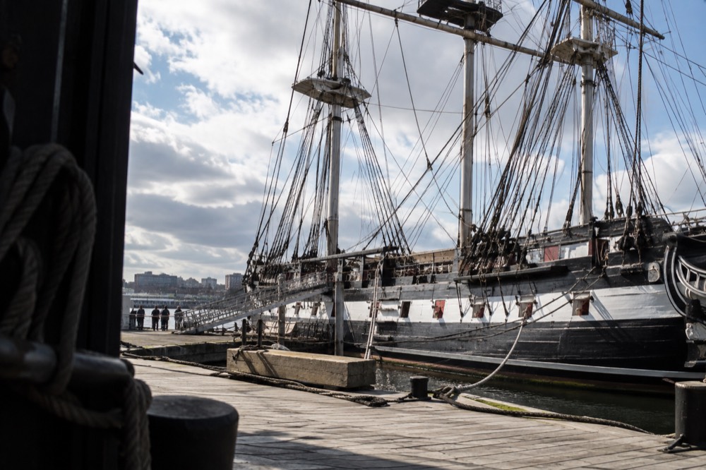 The wooden frigate USS Constitution docked at the Charlestown Navy Yard