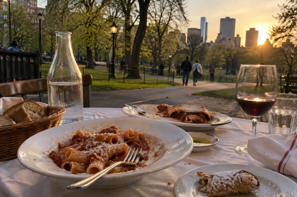 A table of Italian dishes and pastries served at a North End restaurant