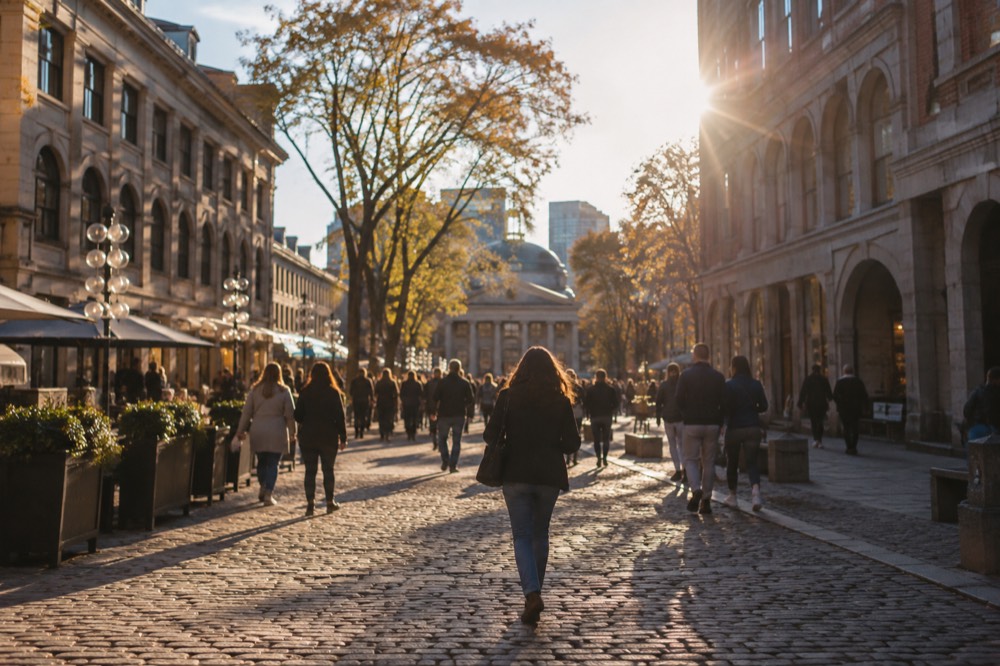 Crowds walking past the historic brick market halls of Faneuil Hall and Quincy Market on a sunny day