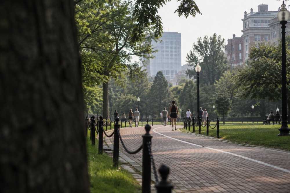 A red brick path marked with a painted line running past historic Boston buildings