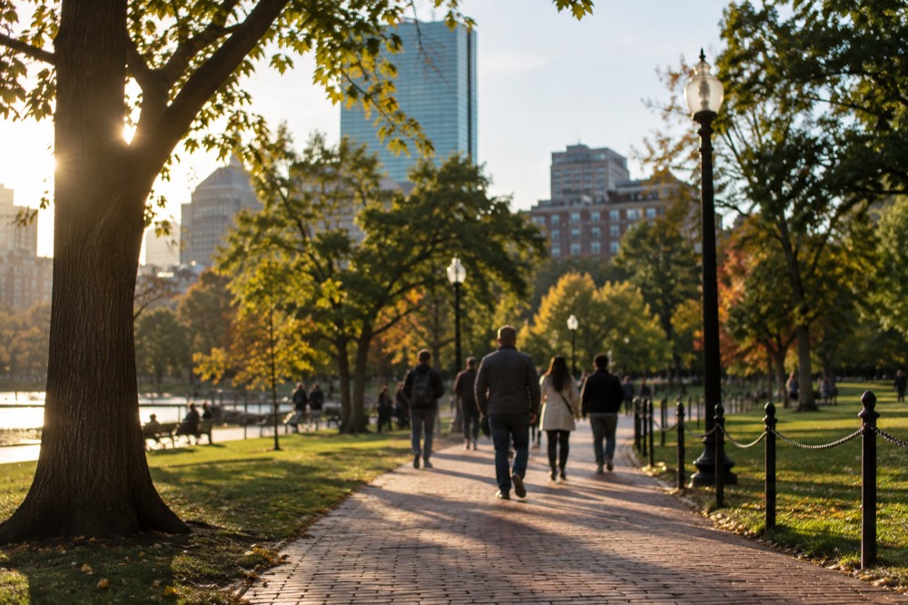 Visitors walking a red-brick path past historic Boston buildings on a bright morning