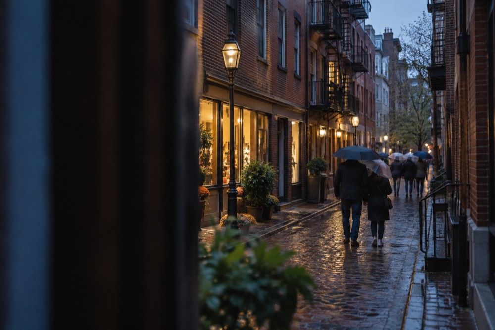 People walking under umbrellas past storefronts on a narrow brick street in the North End