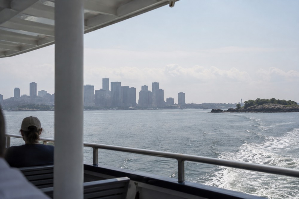 Ferry crossing Boston Harbor toward the harbor islands on a calm morning