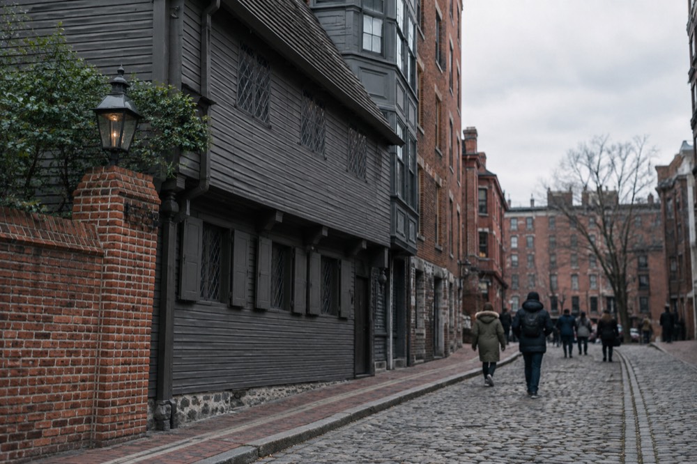 Visitors walking a narrow cobblestone lane past the Paul Revere House