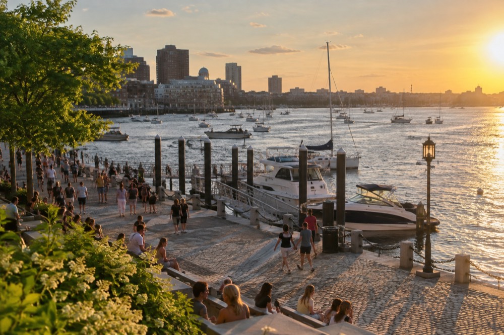 Crowds gathered along the Boston waterfront on a sunny summer holiday
