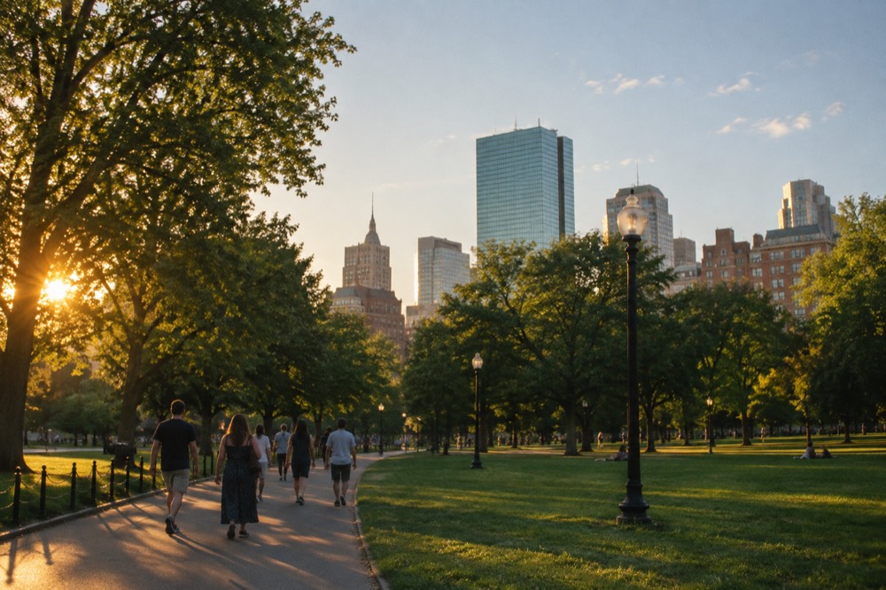 Visitors walking along a tree-lined Boston street with historic brick buildings in warm weather