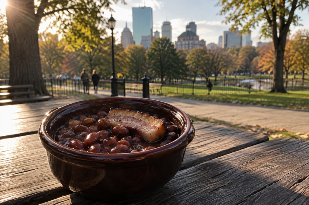 A ceramic beanpot of dark baked beans with a slice of salt pork on a wooden table