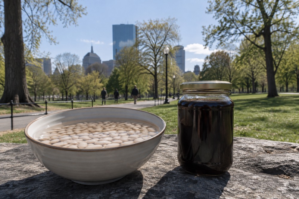 Navy beans soaking in a bowl of water next to a jar of dark molasses
