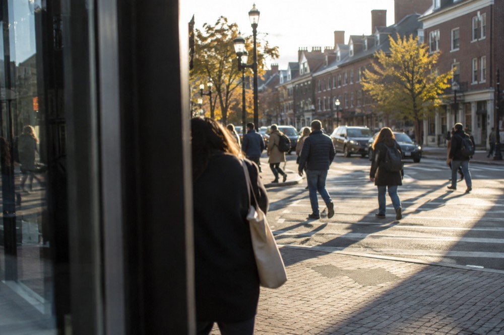 Pedestrians crossing Harvard Avenue in Allston Village