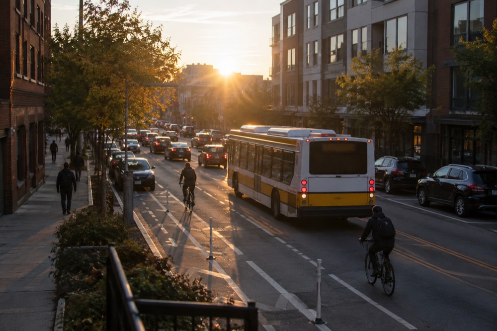 A city bus and cyclists sharing a street in a busy Boston neighborhood