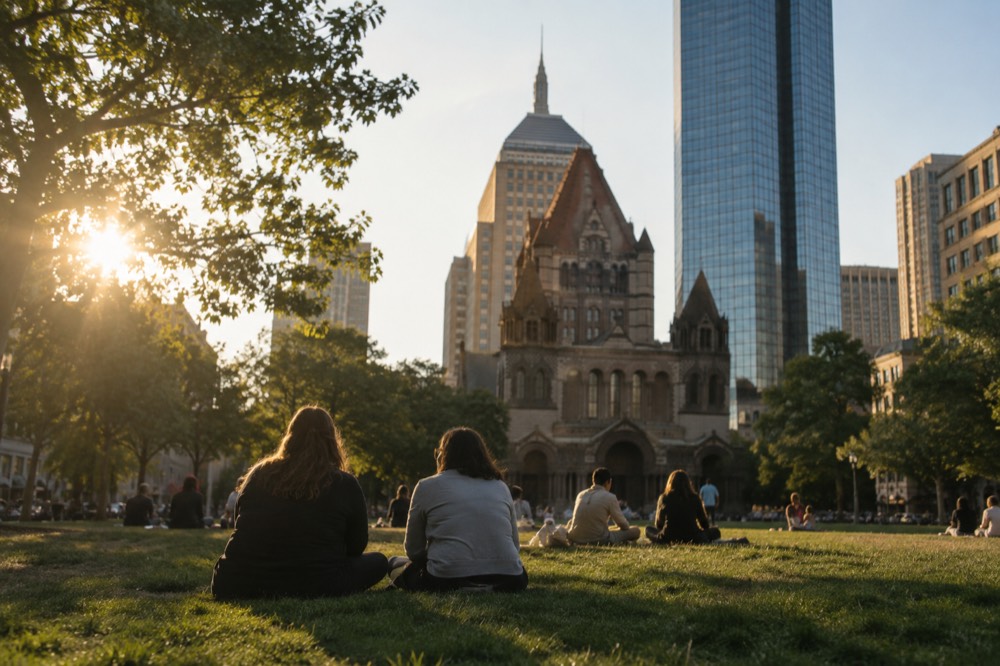 Visitors relaxing on the lawn of Copley Square with Trinity Church and the Hancock tower in the background