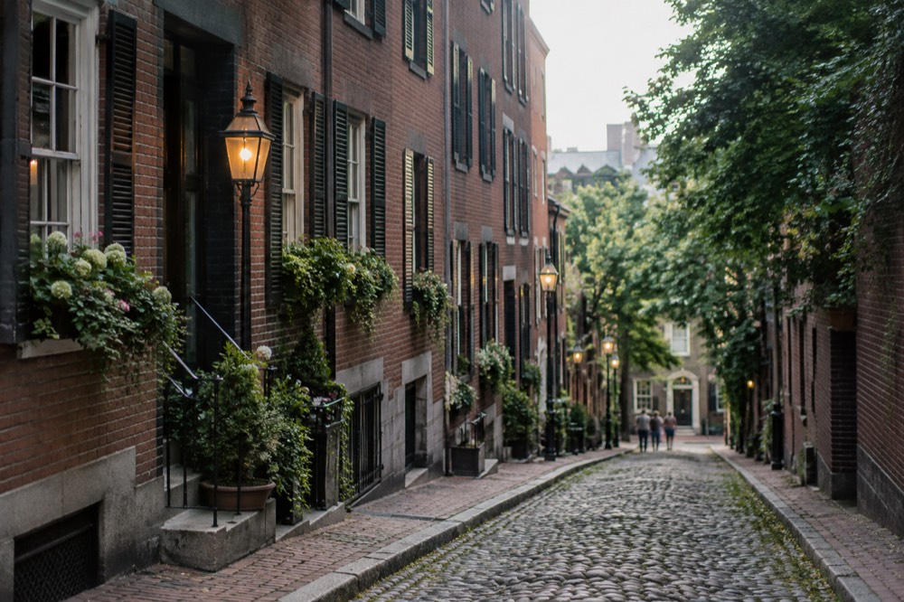 Narrow cobblestone lane between brick row houses with gas lamps in Beacon Hill