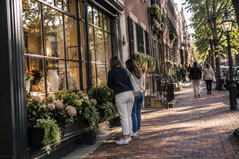 People browsing shop windows along Charles Street on a sunny afternoon