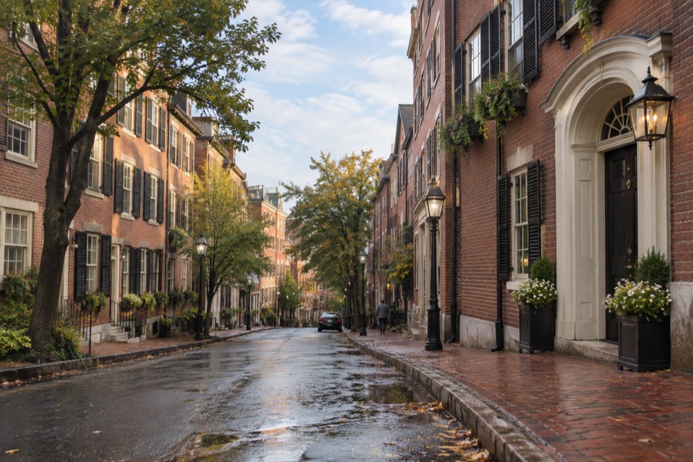 Historic brick hotel entrance with a lantern on a Beacon Hill corner