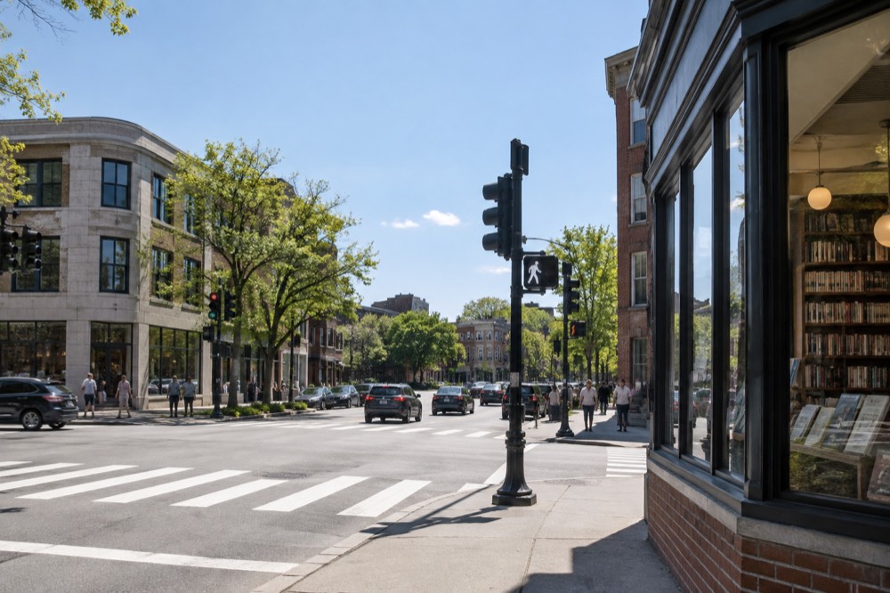 The intersection at Coolidge Corner with a corner bookstore and crossing signals on a clear day