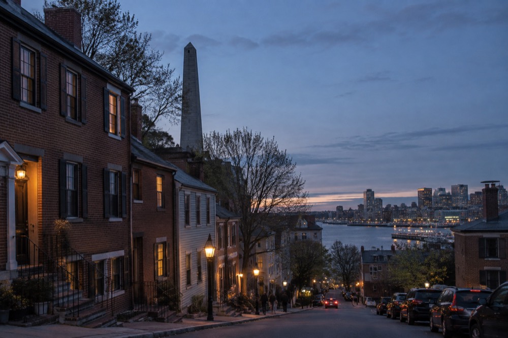 Tall granite obelisk monument rising above brick townhouses on a hillside