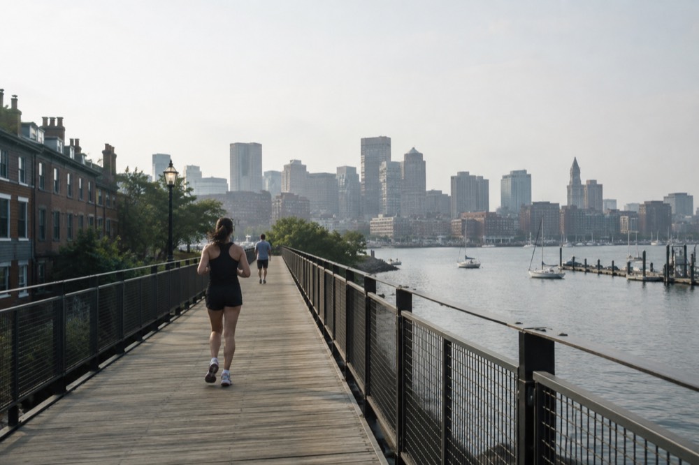 Pedestrian bridge crossing a body of water toward a city skyline