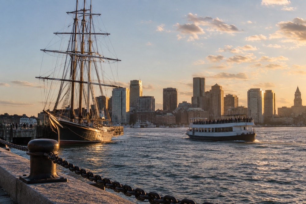 Tour boat passing a historic sailing ship in a harbor with a city skyline beyond
