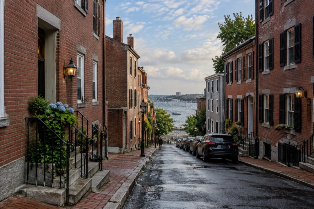 Row of brick rowhouses on a steep narrow street with the harbor visible at the bottom of the hill