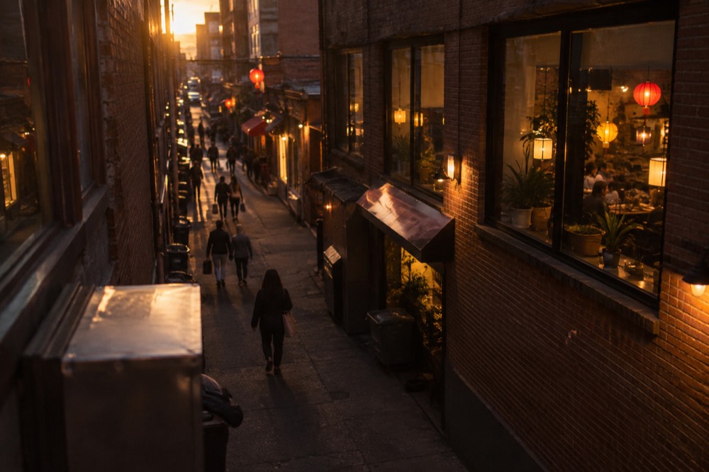 A narrow Chinatown alley with lit restaurant windows and people walking in the evening