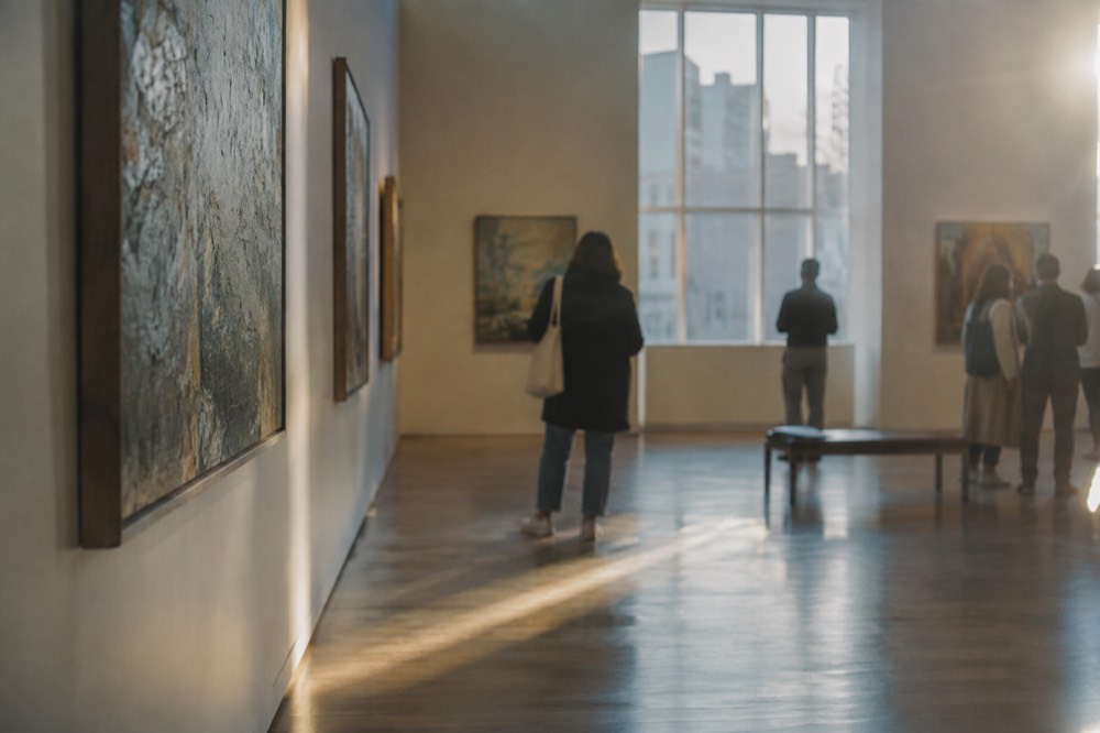 A museum gallery with paintings on the walls and visitors looking at the art
