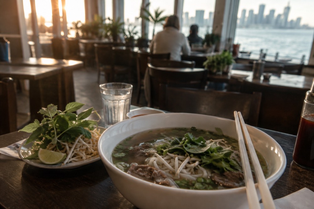 A bowl of pho with herbs and chopsticks on a restaurant table