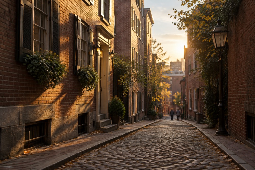 A narrow colonial-era lane between brick buildings in downtown Boston