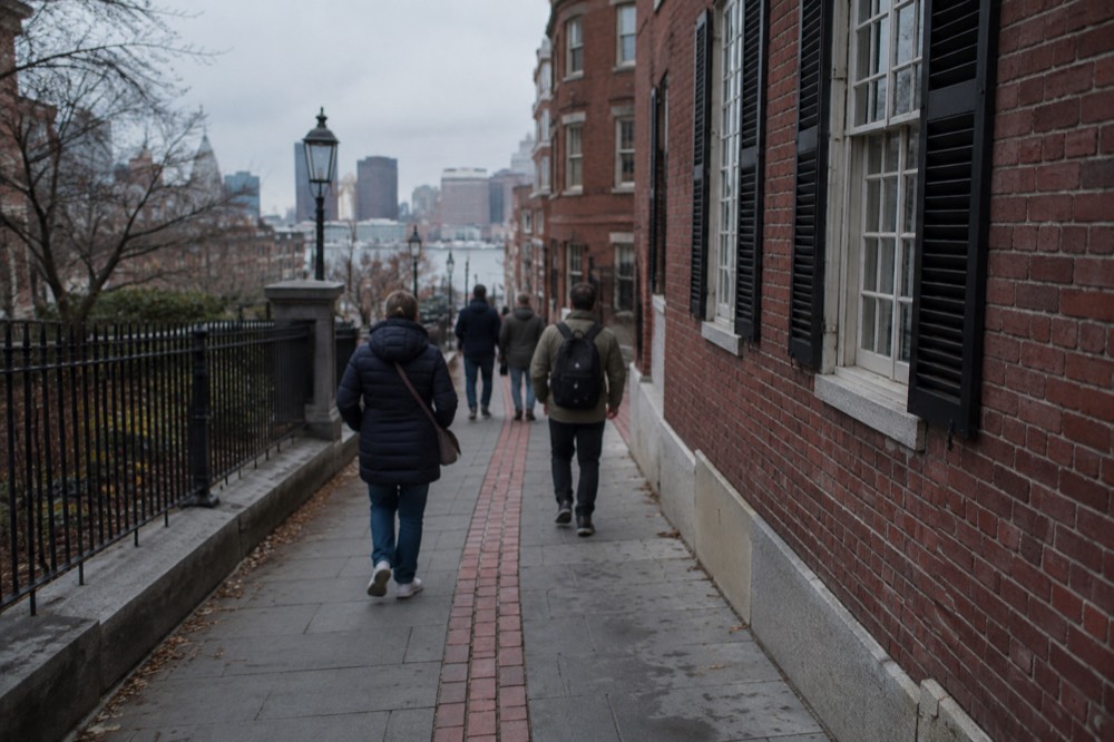 Visitors walking the red-brick Freedom Trail line past historic Boston buildings