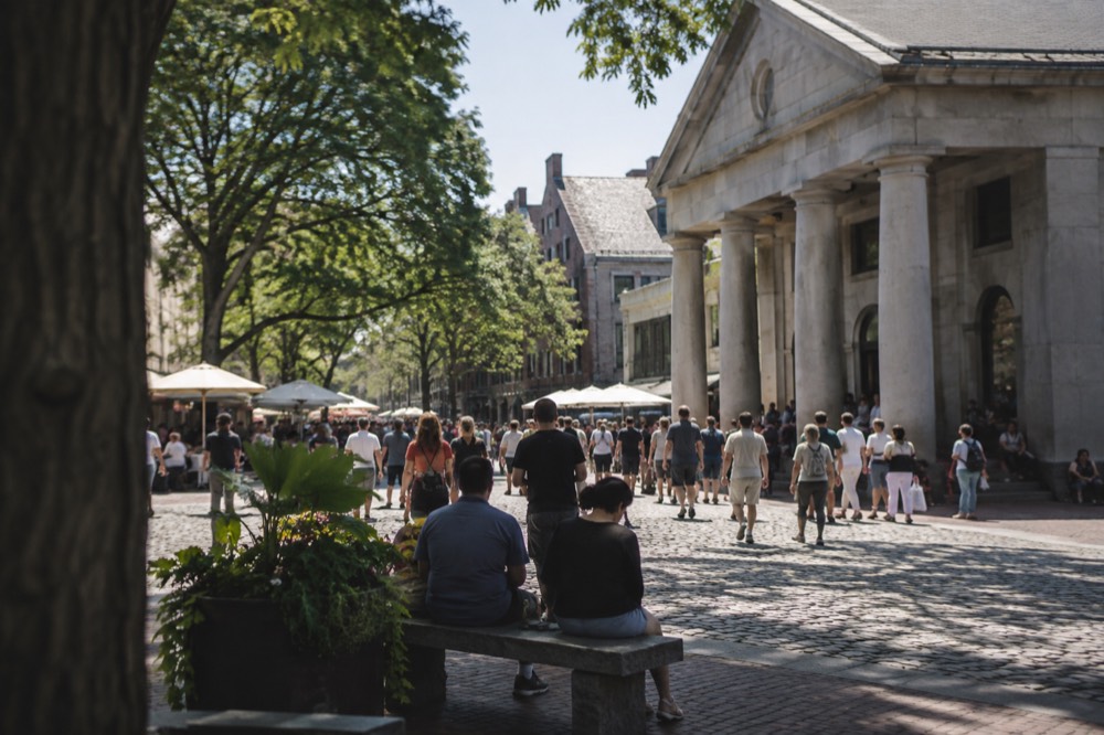The Quincy Market colonnade filled with visitors at lunchtime