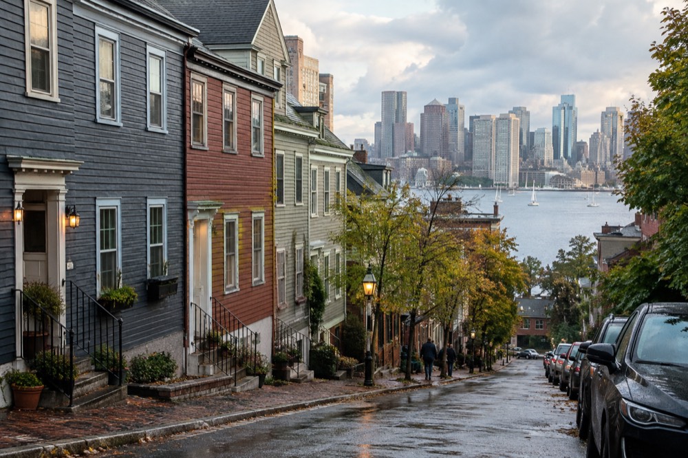 Rowhouses on a hillside street with the Boston skyline across the water behind them