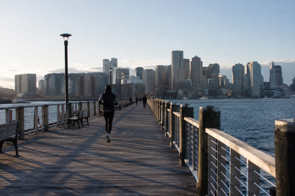 A harborfront park with a pier extending into the water toward the downtown skyline